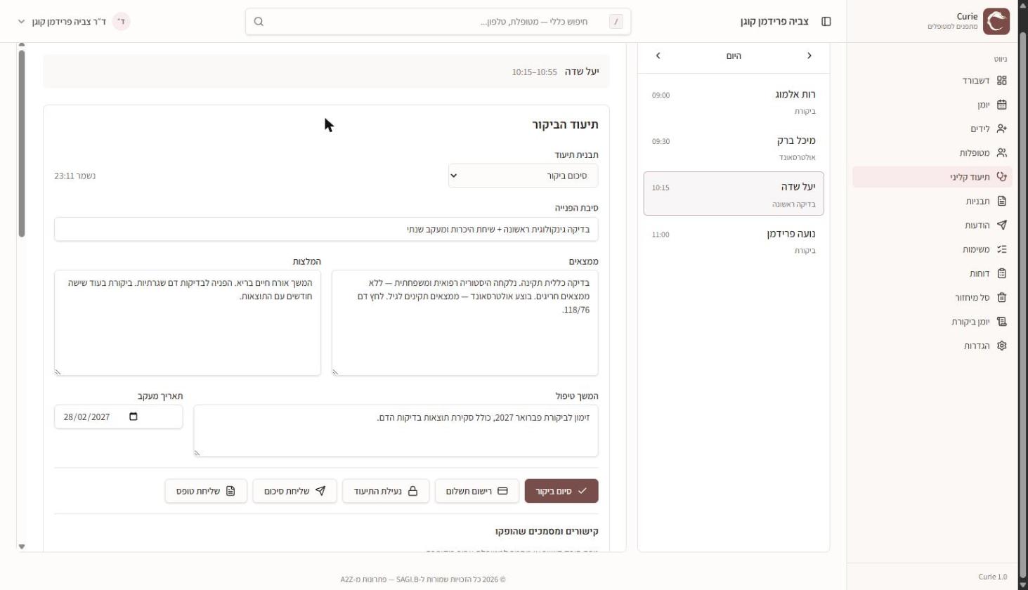 צילום מסך ממערכת קירי: מסך עבודה של הרופאה עם טופס תיעוד ביקור מלא