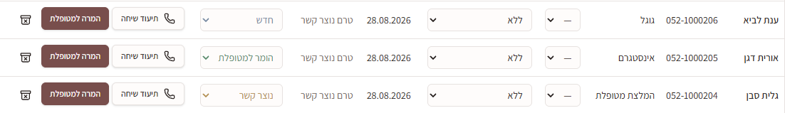 שורות לידים במערכת קירי עם כפתור המרה למטופלת